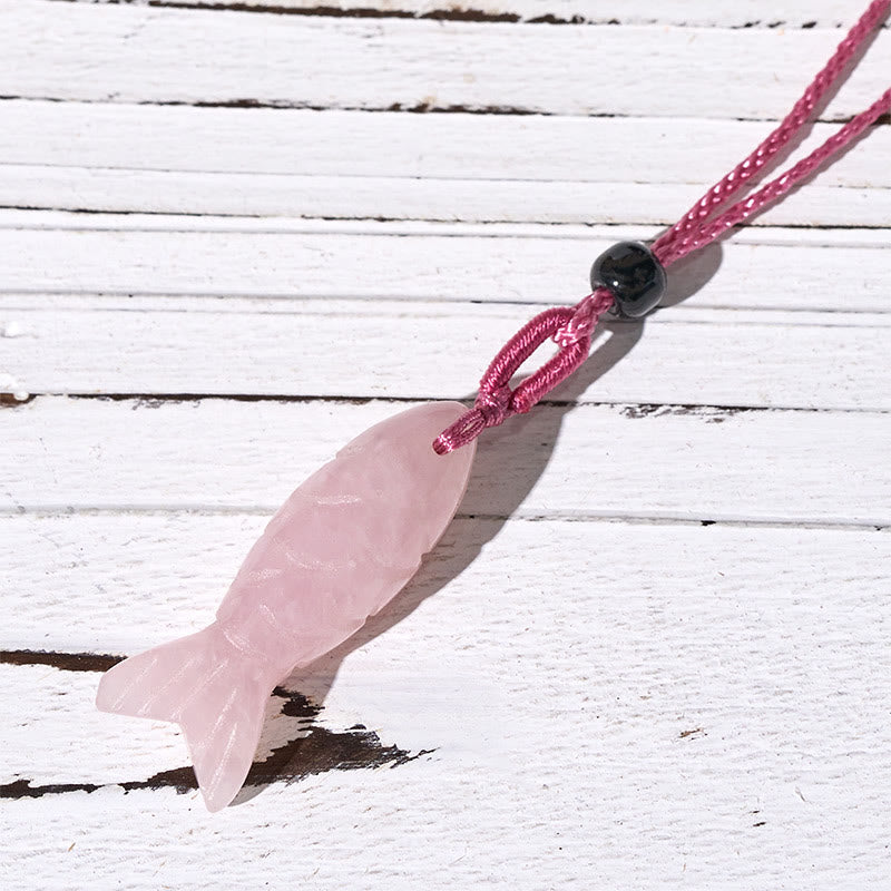 Fortune Jewel Carving Koi Fish Pink Crystal Indian Agate Amethyst Warmth Prosperity Necklace Pendant - Fortune Jewel
