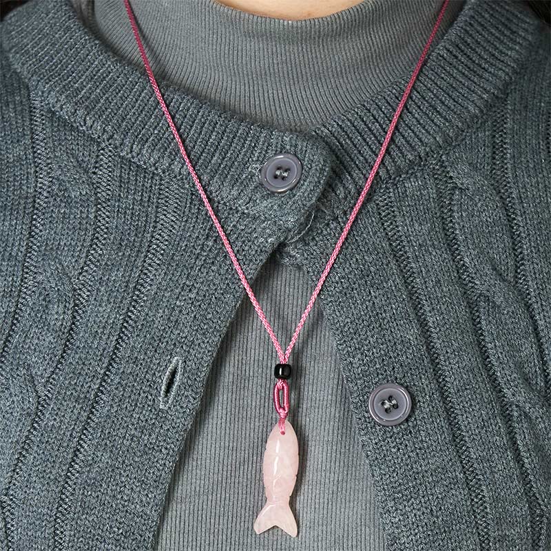 Fortune Jewel Carving Koi Fish Pink Crystal Indian Agate Amethyst Warmth Prosperity Necklace Pendant - Fortune Jewel