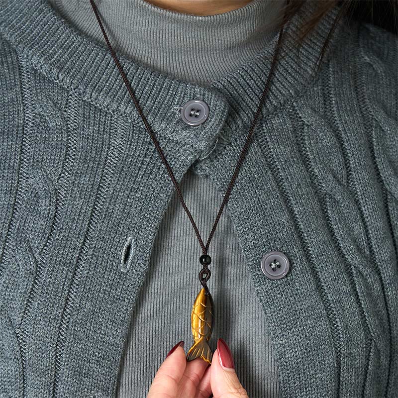 Fortune Jewel Carving Koi Fish Pink Crystal Indian Agate Amethyst Warmth Prosperity Necklace Pendant - Fortune Jewel
