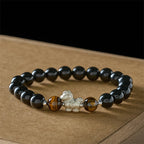 Fortune Jewel Year Of The Horse 999 Sterling Silver Horse Charm Black Obsidian Tiger Eye Strength Bracelet - Fortune Jewel