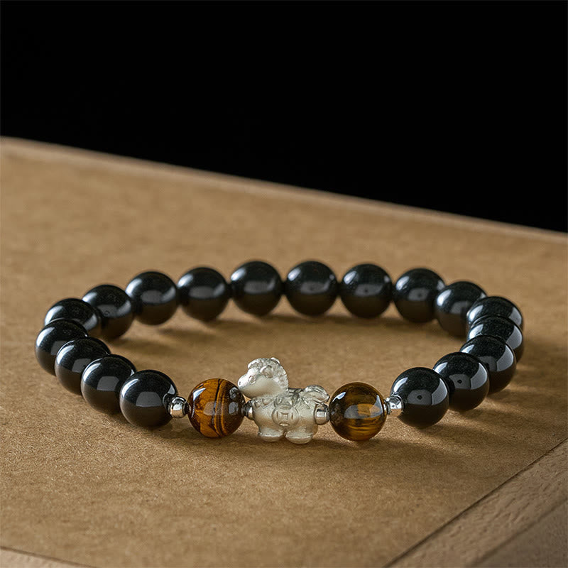Fortune Jewel Year Of The Horse 999 Sterling Silver Horse Charm Black Obsidian Tiger Eye Strength Bracelet - Fortune Jewel