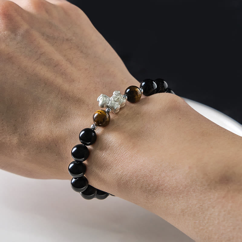 Fortune Jewel Year Of The Horse 999 Sterling Silver Horse Charm Black Obsidian Tiger Eye Strength Bracelet - Fortune Jewel