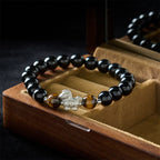 Fortune Jewel Year Of The Horse 999 Sterling Silver Horse Charm Black Obsidian Tiger Eye Strength Bracelet - Fortune Jewel