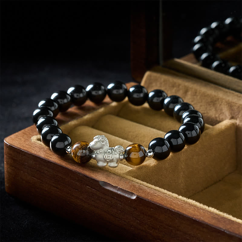 Fortune Jewel Year Of The Horse 999 Sterling Silver Horse Charm Black Obsidian Tiger Eye Strength Bracelet - Fortune Jewel