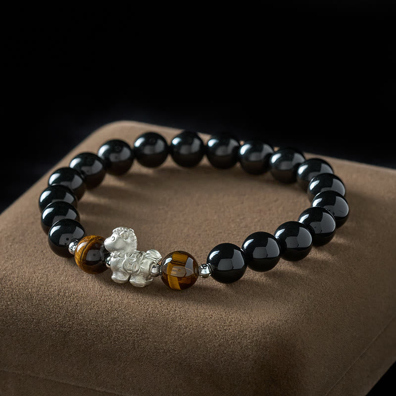 Fortune Jewel Year Of The Horse 999 Sterling Silver Horse Charm Black Obsidian Tiger Eye Strength Bracelet - Fortune Jewel