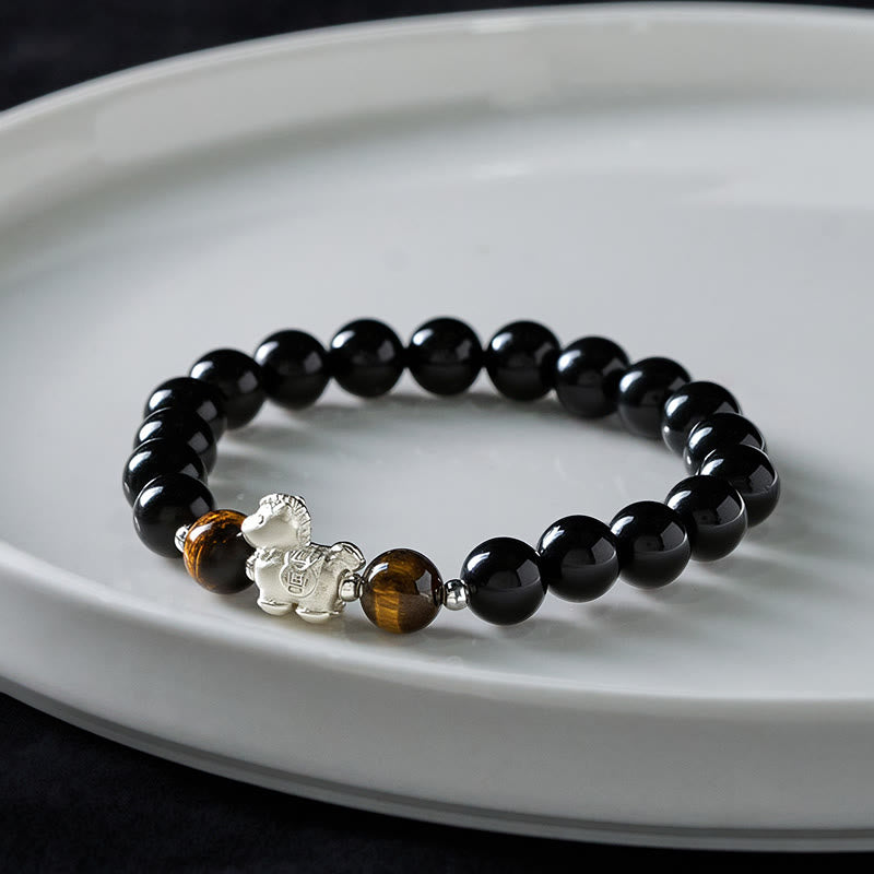 Fortune Jewel Year Of The Horse 999 Sterling Silver Horse Charm Black Obsidian Tiger Eye Strength Bracelet - Fortune Jewel
