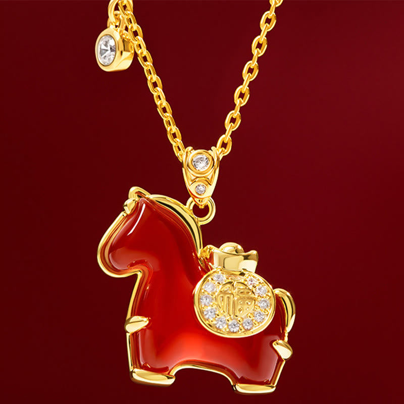 Fortune Jewel Year Of The Horse Red Agate Fu Character Confidence Necklace Pendants - Fortune Jewel