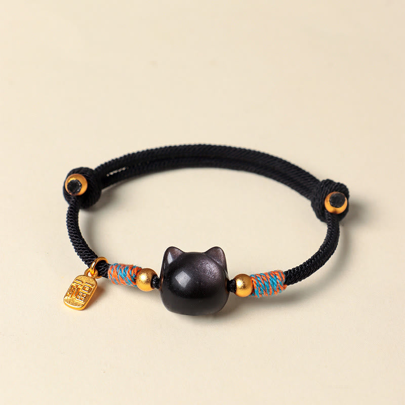 Fortune Jewel Cat Fu Character Silver Sheen Obsidian Pink Crystal String Protection Bracelet - Fortune Jewel