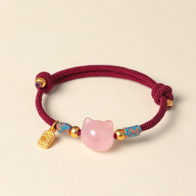Fortune Jewel Cat Fu Character Silver Sheen Obsidian Pink Crystal String Protection Bracelet - Fortune Jewel