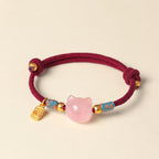Fortune Jewel Cat Fu Character Silver Sheen Obsidian Pink Crystal String Protection Bracelet - Fortune Jewel