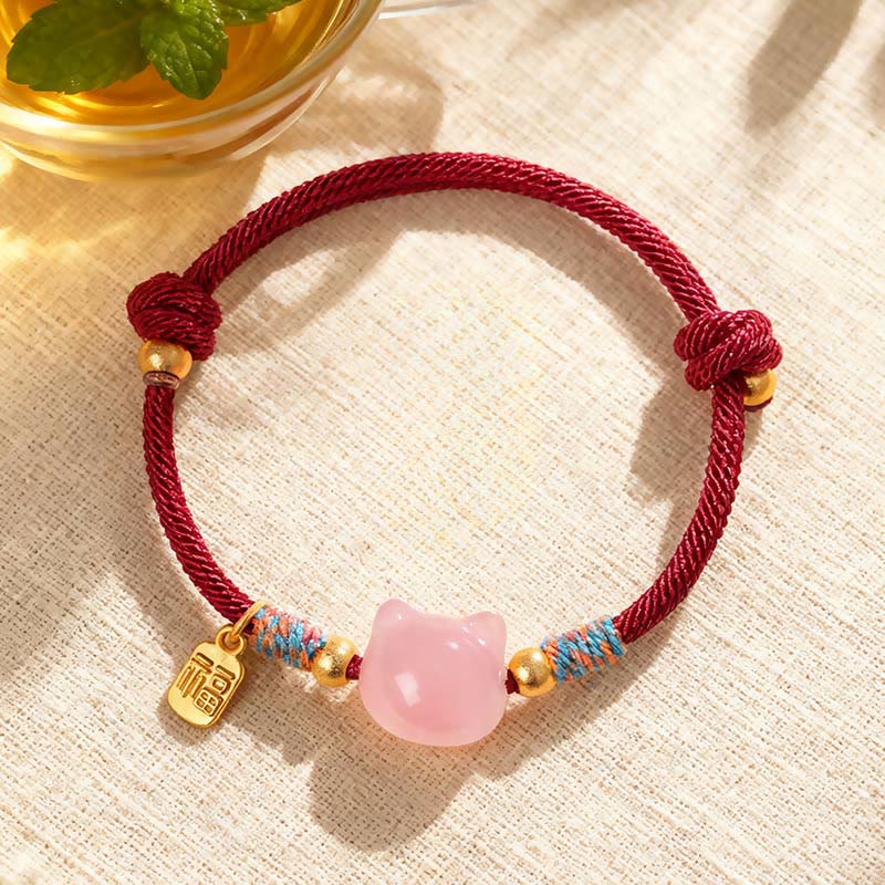 Fortune Jewel Cat Fu Character Silver Sheen Obsidian Pink Crystal String Protection Bracelet - Fortune Jewel