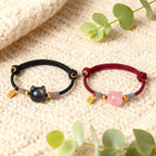 Fortune Jewel Cat Fu Character Silver Sheen Obsidian Pink Crystal String Protection Bracelet - Fortune Jewel
