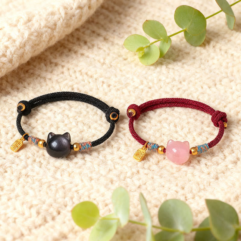 Fortune Jewel Cat Fu Character Silver Sheen Obsidian Pink Crystal String Protection Bracelet - Fortune Jewel