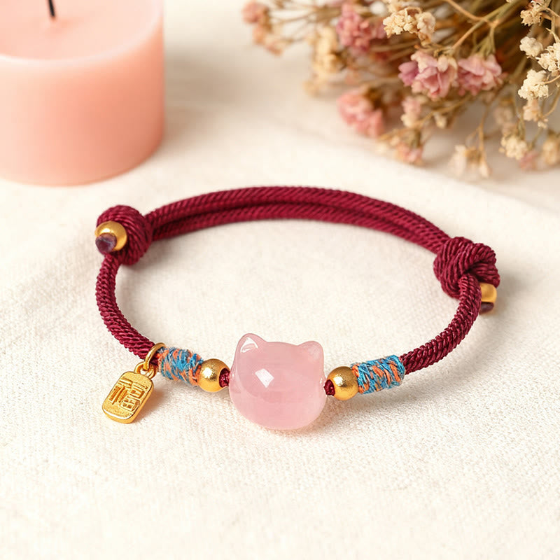 Fortune Jewel Cat Fu Character Silver Sheen Obsidian Pink Crystal String Protection Bracelet - Fortune Jewel