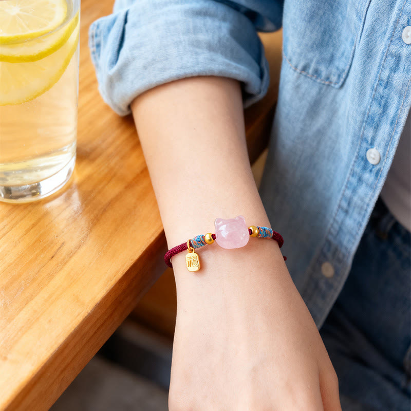 Fortune Jewel Cat Fu Character Silver Sheen Obsidian Pink Crystal String Protection Bracelet - Fortune Jewel