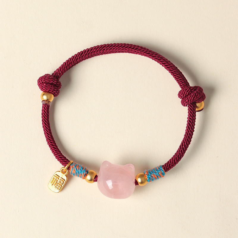 Fortune Jewel Cat Fu Character Silver Sheen Obsidian Pink Crystal String Protection Bracelet - Fortune Jewel