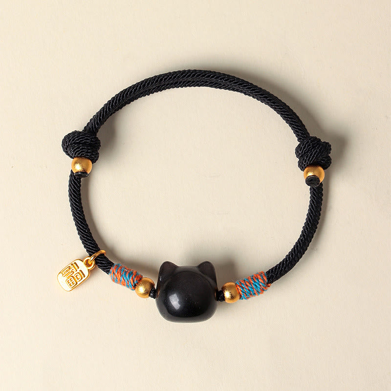 Fortune Jewel Cat Fu Character Silver Sheen Obsidian Pink Crystal String Protection Bracelet - Fortune Jewel