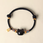 Fortune Jewel Cat Fu Character Silver Sheen Obsidian Pink Crystal String Protection Bracelet - Fortune Jewel