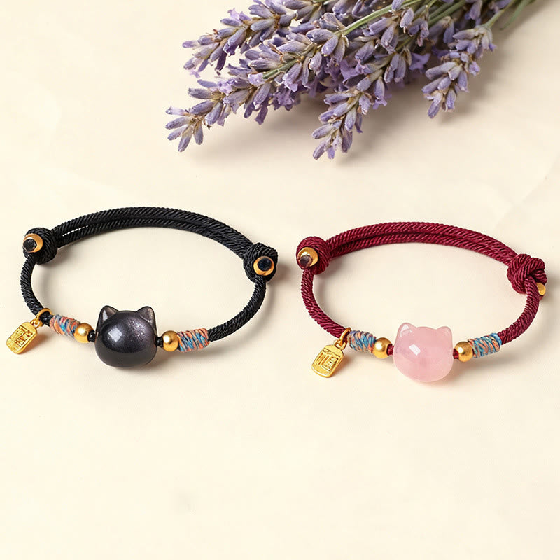 Fortune Jewel Cat Fu Character Silver Sheen Obsidian Pink Crystal String Protection Bracelet - Fortune Jewel