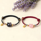 Fortune Jewel Cat Fu Character Silver Sheen Obsidian Pink Crystal String Protection Bracelet - Fortune Jewel