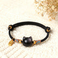 Fortune Jewel Cat Fu Character Silver Sheen Obsidian Pink Crystal String Protection Bracelet - Fortune Jewel