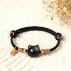 Fortune Jewel Cat Fu Character Silver Sheen Obsidian Pink Crystal String Protection Bracelet - Fortune Jewel