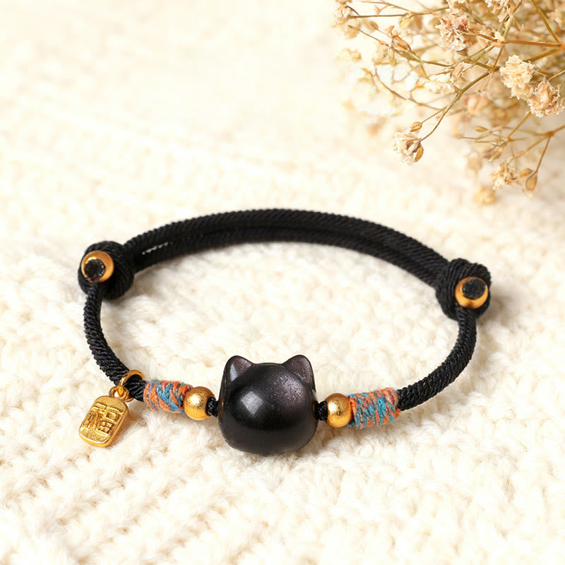 Fortune Jewel Cat Fu Character Silver Sheen Obsidian Pink Crystal String Protection Bracelet - Fortune Jewel