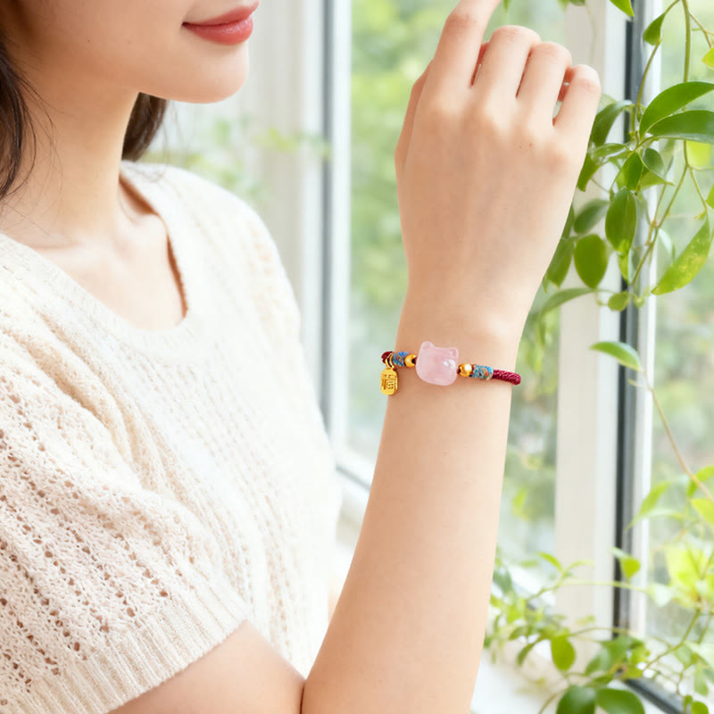 Fortune Jewel Cat Fu Character Silver Sheen Obsidian Pink Crystal String Protection Bracelet - Fortune Jewel