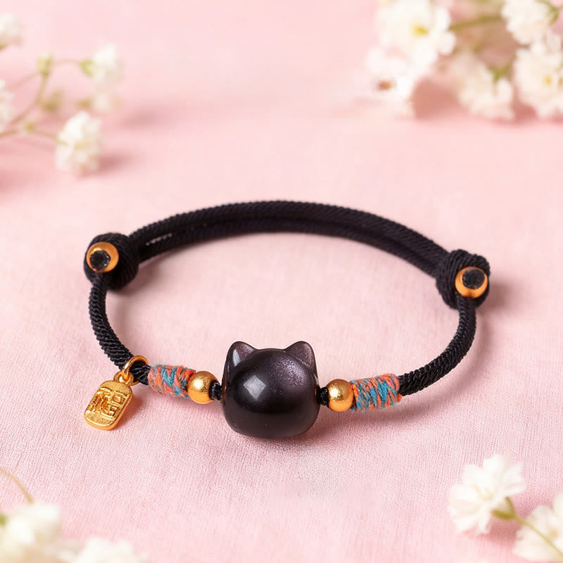 Fortune Jewel Cat Fu Character Silver Sheen Obsidian Pink Crystal String Protection Bracelet - Fortune Jewel