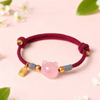 Fortune Jewel Cat Fu Character Silver Sheen Obsidian Pink Crystal String Protection Bracelet - Fortune Jewel