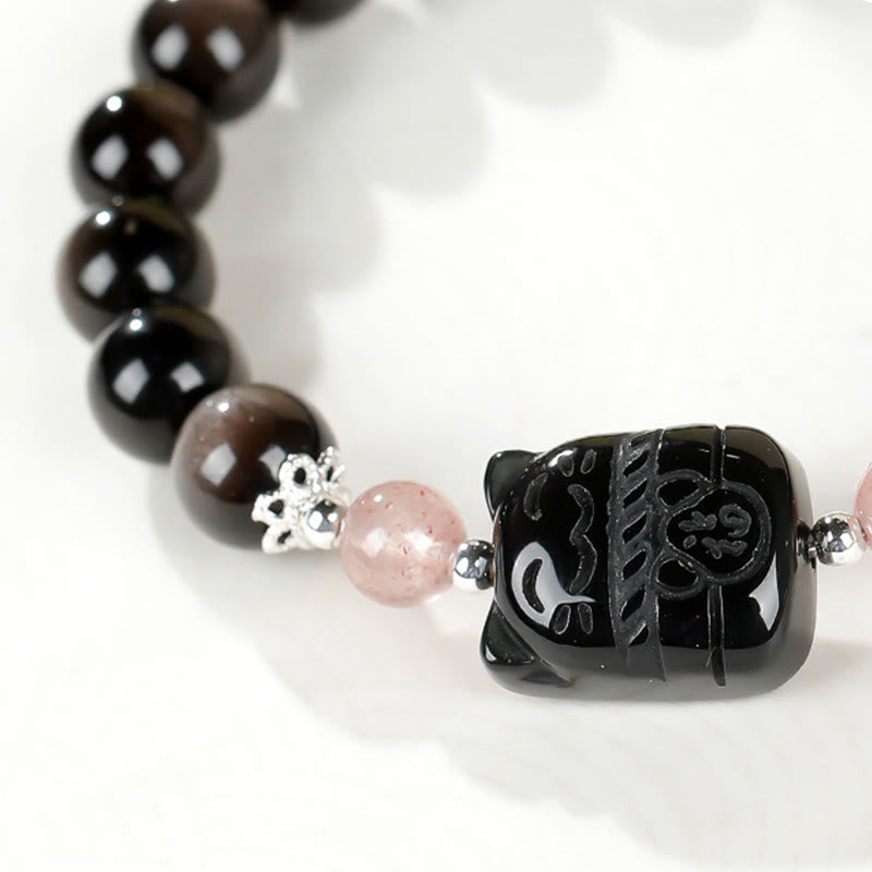 Fortune Jewel Cat Silver Sheen Obsidian Strawberry Quartz Protection Bracelet - Fortune Jewel