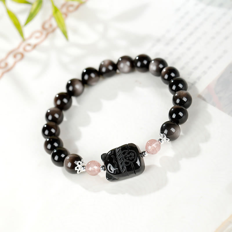 Fortune Jewel Cat Silver Sheen Obsidian Strawberry Quartz Protection Bracelet - Fortune Jewel