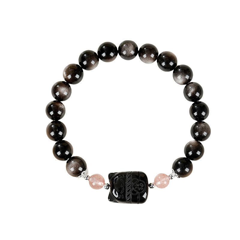 Fortune Jewel Cat Silver Sheen Obsidian Strawberry Quartz Protection Bracelet - Fortune Jewel