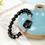 Fortune Jewel Cat Silver Sheen Obsidian Strawberry Quartz Protection Bracelet - Fortune Jewel