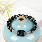 Fortune Jewel Cat Silver Sheen Obsidian Strawberry Quartz Protection Bracelet - Fortune Jewel