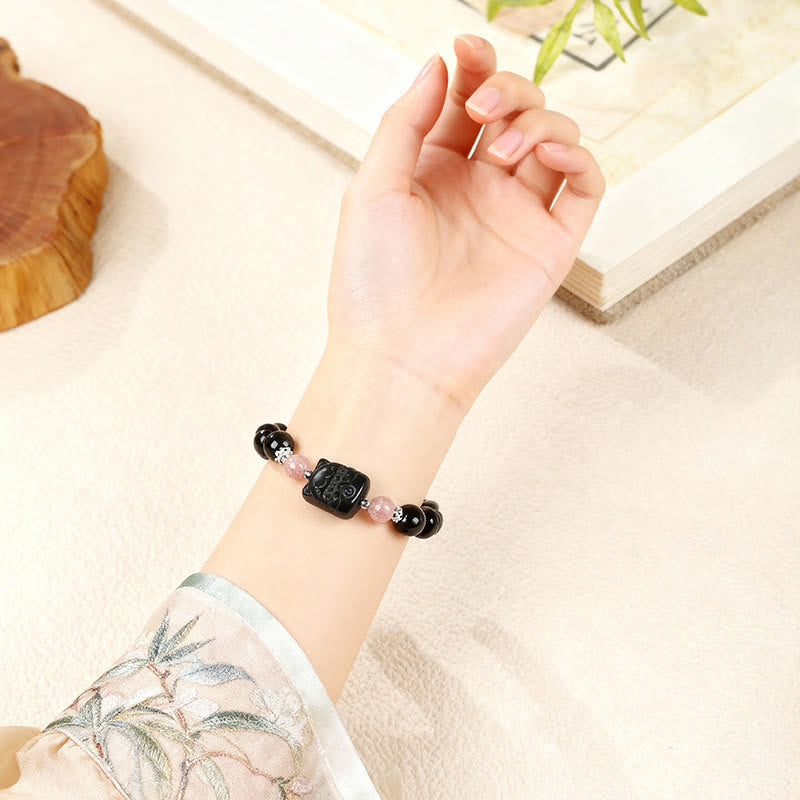 Fortune Jewel Cat Silver Sheen Obsidian Strawberry Quartz Protection Bracelet - Fortune Jewel