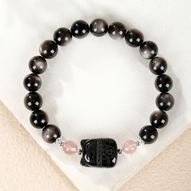 Fortune Jewel Cat Silver Sheen Obsidian Strawberry Quartz Protection Bracelet - Fortune Jewel