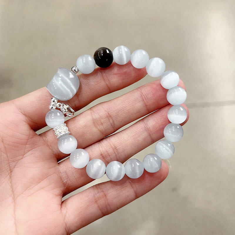 Fortune Jewel Cat Head White Cat's Eye Silver Sheen Obsidian Positive Bracelet - Fortune Jewel