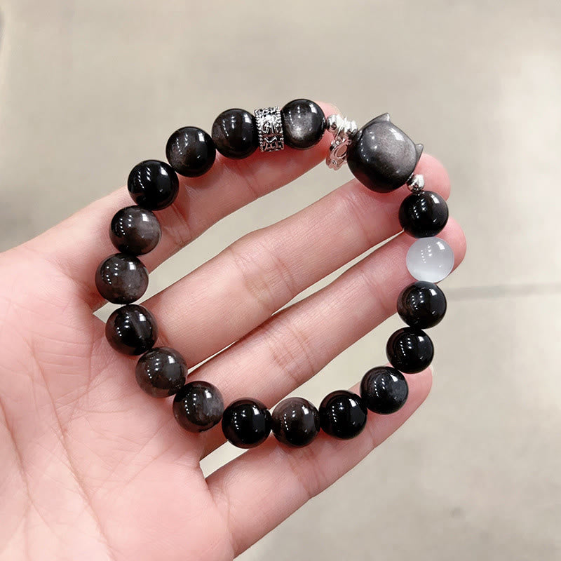 Fortune Jewel Cat Head White Cat's Eye Silver Sheen Obsidian Positive Bracelet - Fortune Jewel