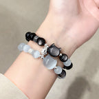 Fortune Jewel Cat Head White Cat's Eye Silver Sheen Obsidian Positive Bracelet - Fortune Jewel