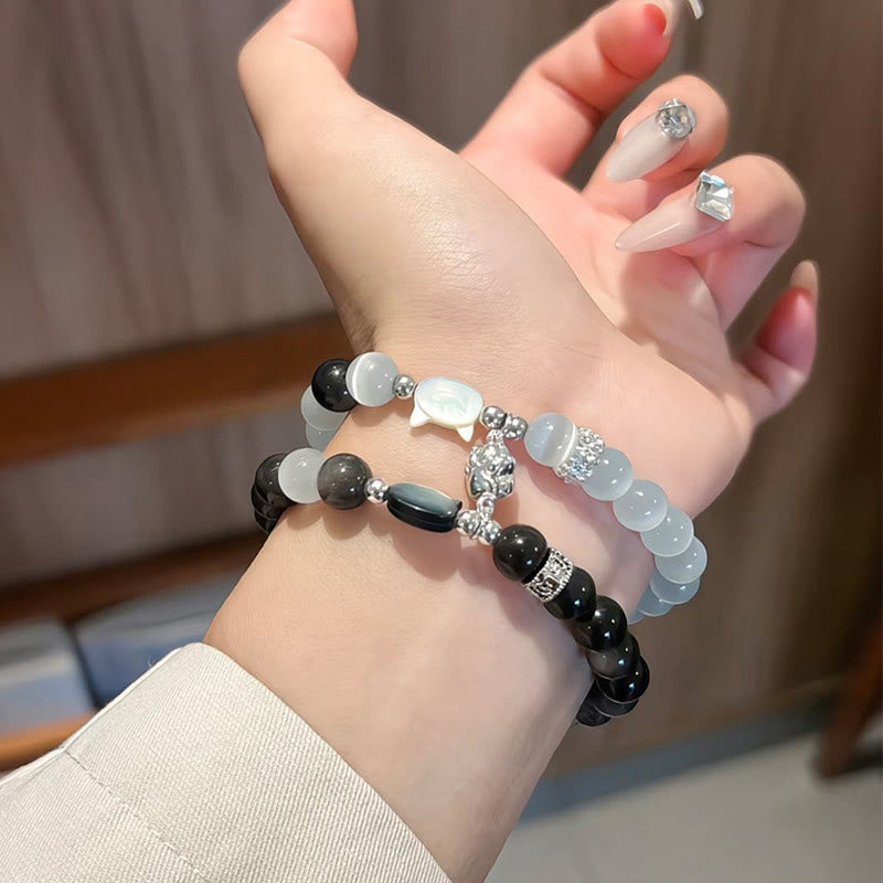 Fortune Jewel Cat Head White Cat's Eye Silver Sheen Obsidian Positive Bracelet - Fortune Jewel