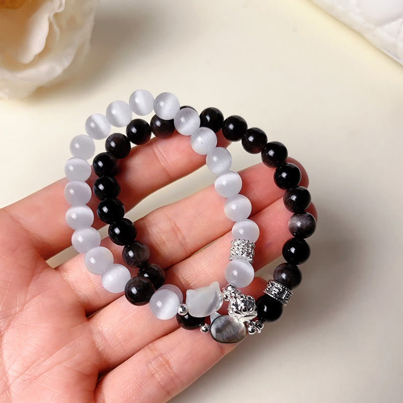 Fortune Jewel Cat Head White Cat's Eye Silver Sheen Obsidian Positive Bracelet - Fortune Jewel