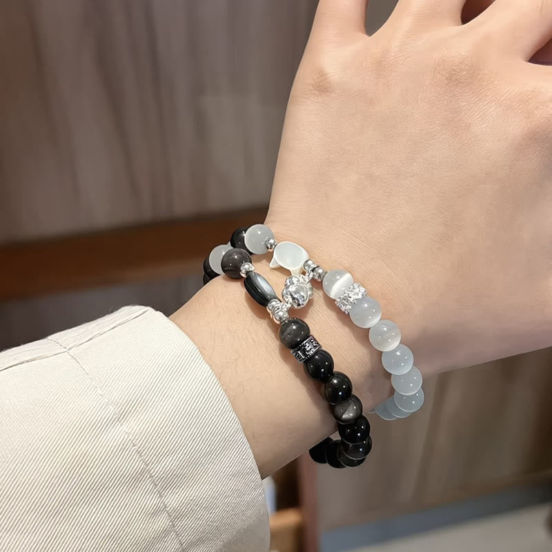 Fortune Jewel Cat Head White Cat's Eye Silver Sheen Obsidian Positive Bracelet - Fortune Jewel