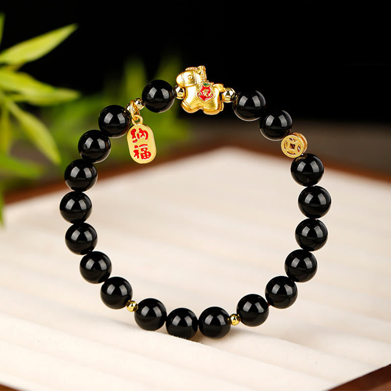 Fortune Jewel Year Of The Horse Black Obsidian Strength Bracelet - Fortune Jewel