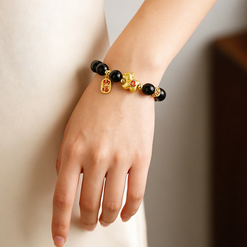 Fortune Jewel Year Of The Horse Black Obsidian Strength Bracelet - Fortune Jewel