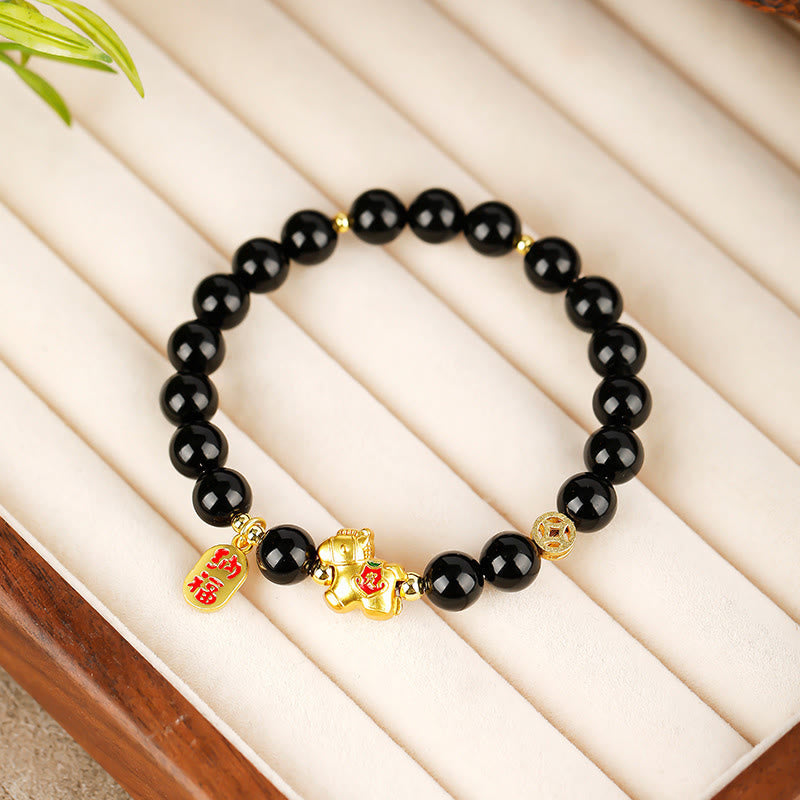 Fortune Jewel Year Of The Horse Black Obsidian Strength Bracelet - Fortune Jewel