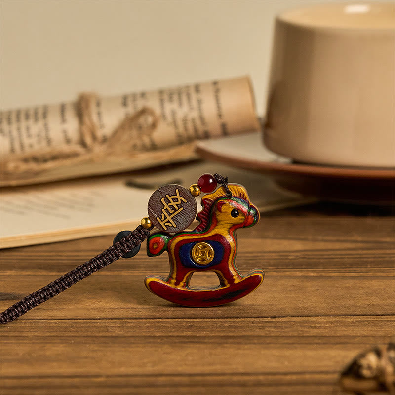 Fortune Jewel Year of the Horse Rainbow Eucalyptus Small Leaf Red Sandalwood Linden Wood Ebony Carved Positive Key Chain - Fortune Jewel