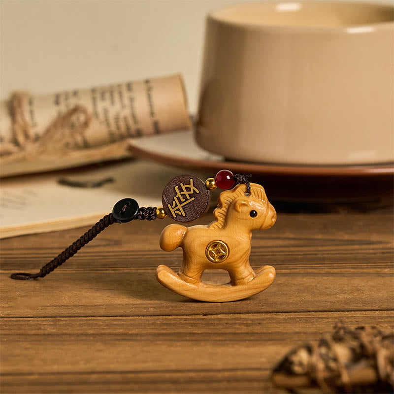 Fortune Jewel Year of the Horse Rainbow Eucalyptus Small Leaf Red Sandalwood Linden Wood Ebony Carved Positive Key Chain - Fortune Jewel