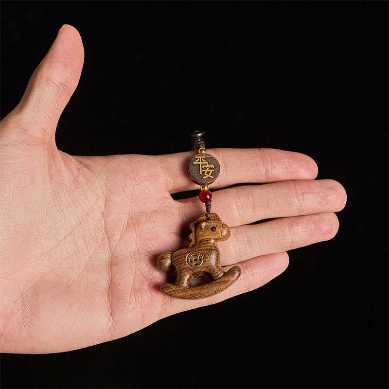 Fortune Jewel Year of the Horse Rainbow Eucalyptus Small Leaf Red Sandalwood Linden Wood Ebony Carved Positive Key Chain - Fortune Jewel