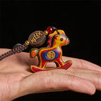 Fortune Jewel Year of the Horse Rainbow Eucalyptus Small Leaf Red Sandalwood Linden Wood Ebony Carved Positive Key Chain - Fortune Jewel